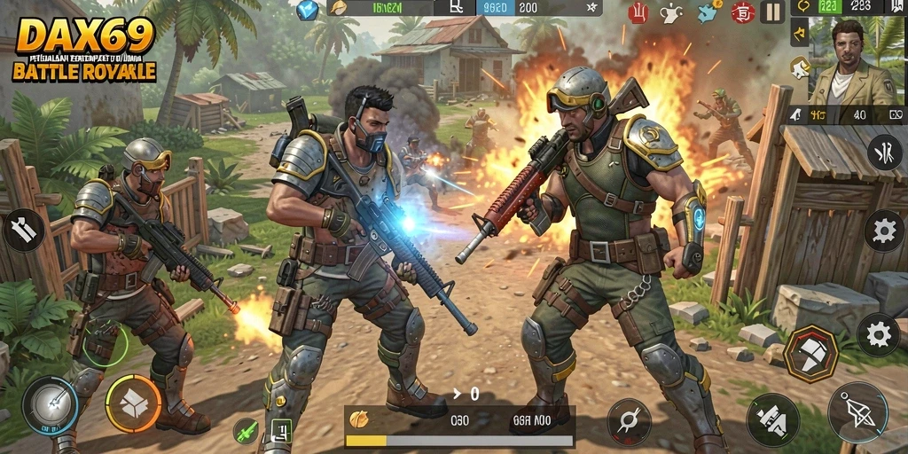 Screenshot utama DAX69 menampilkan pertempuran intens dalam mode Battle Royale.