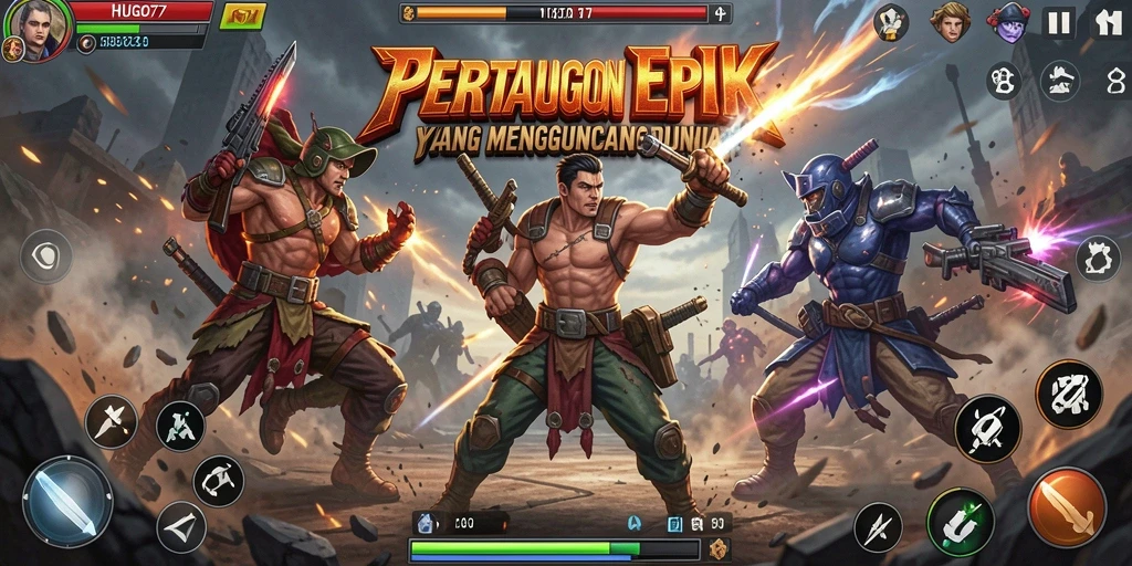 Screenshot gameplay HUGO77 menampilkan pertempuran yang mendebarkan.