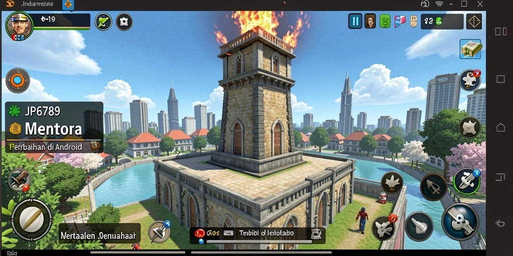 Screenshot gameplay menampilkan pertahanan menara yang intens di JP6789.