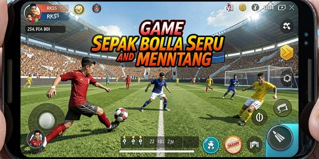 Tampilan gameplay RK55 dengan grafis dan aksi sepak bola yang menarik.