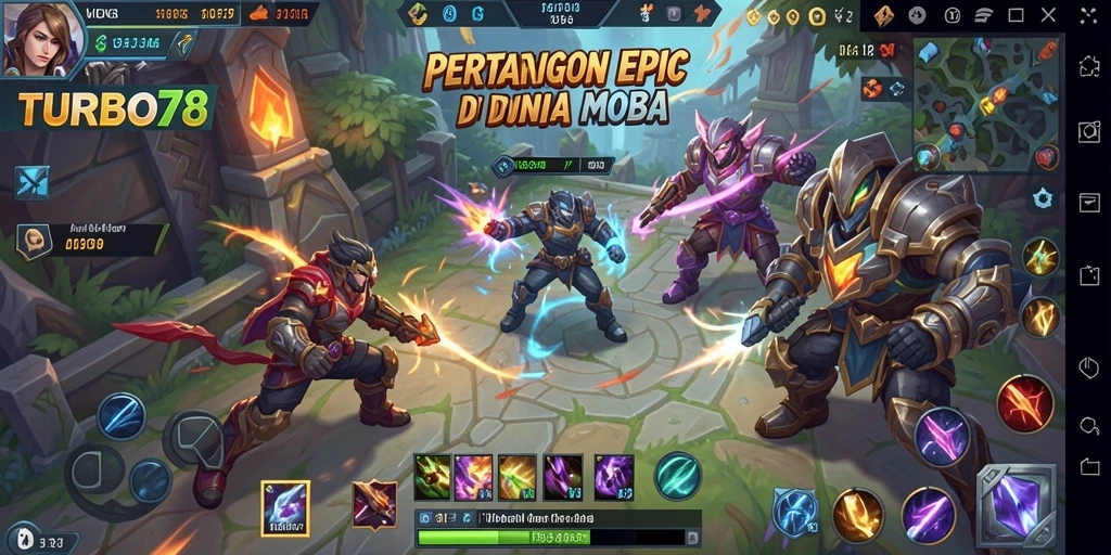 Tangkapan layar utama TURBO78 yang menunjukkan aksi seru dalam permainan MOBA.